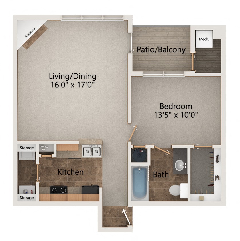 Floor plan for 1 bed, 1 bath, 690 sqft